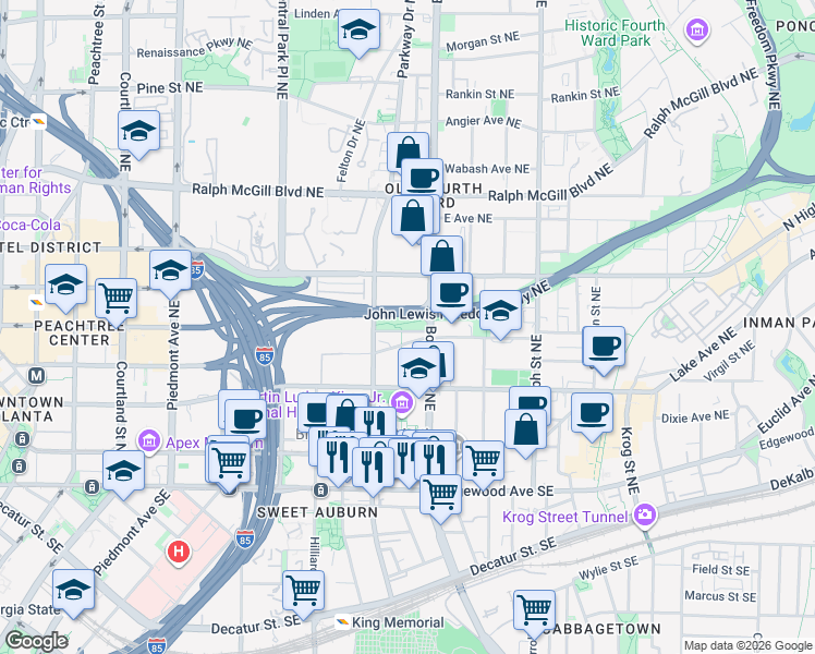 map of restaurants, bars, coffee shops, grocery stores, and more near 442 Cain Street Northeast in Atlanta