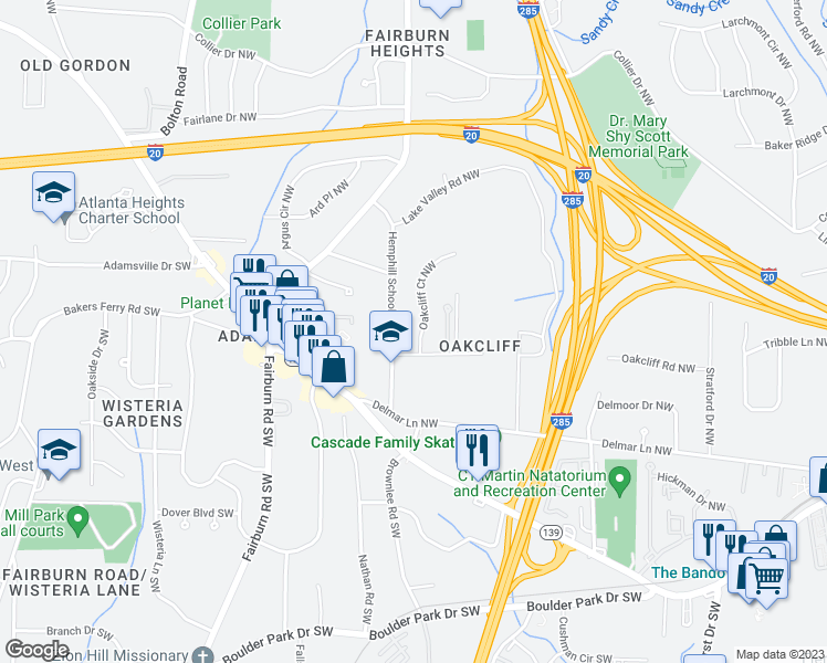 map of restaurants, bars, coffee shops, grocery stores, and more near 142 Oakcliff Court Northwest in Atlanta