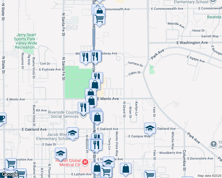 map of restaurants, bars, coffee shops, grocery stores, and more near 1400 East Menlo Avenue in Hemet