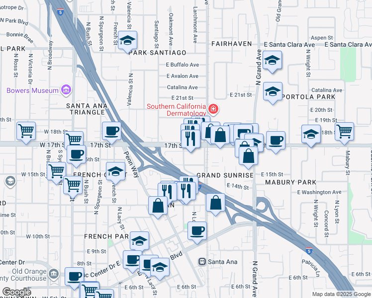 map of restaurants, bars, coffee shops, grocery stores, and more near 1609 North Fairmont Street in Santa Ana