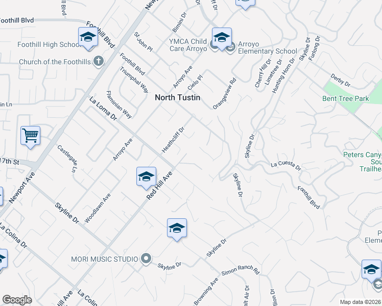 map of restaurants, bars, coffee shops, grocery stores, and more near 1501 La Loma Drive in Santa Ana