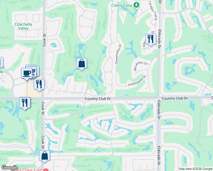 map of restaurants, bars, coffee shops, grocery stores, and more near 127 Desert Falls Drive East in Palm Desert