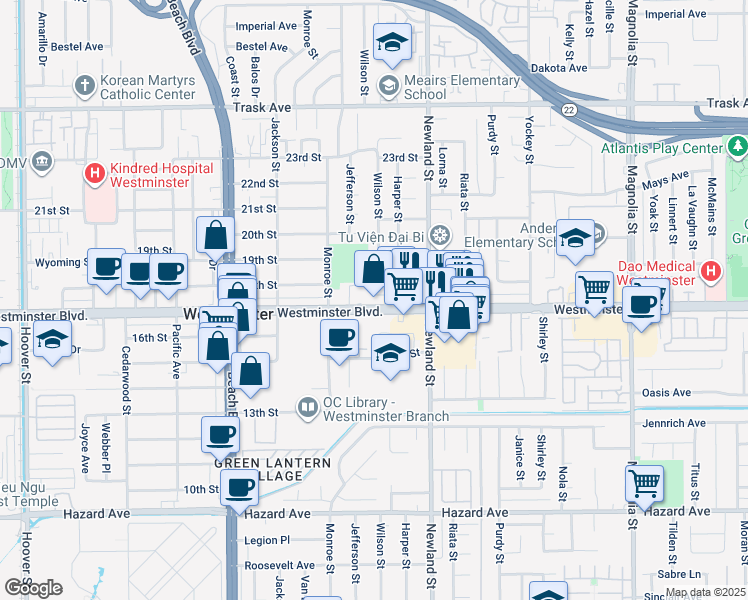 map of restaurants, bars, coffee shops, grocery stores, and more near 8308 Westminster Boulevard in Westminster