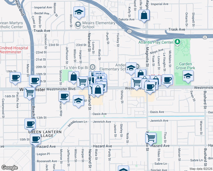 map of restaurants, bars, coffee shops, grocery stores, and more near 8631 Westminster Avenue in Garden Grove