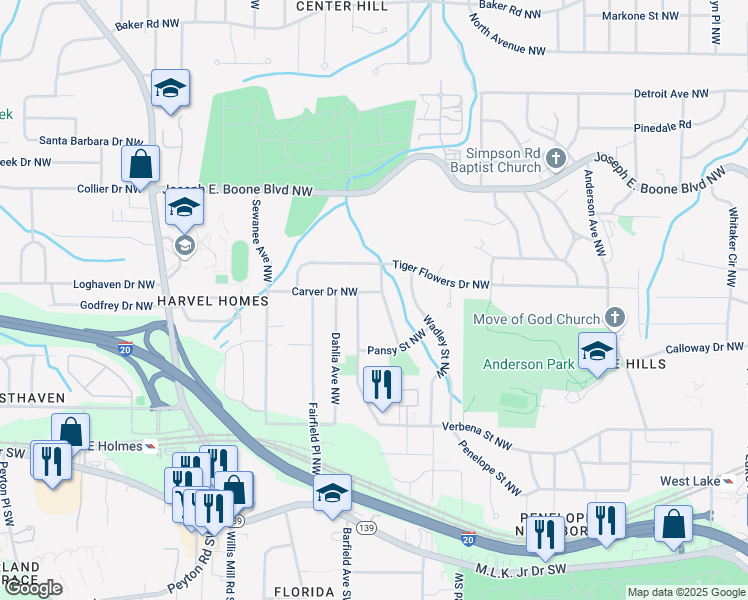 map of restaurants, bars, coffee shops, grocery stores, and more near 210 Joe Louis Drive Northwest in Atlanta