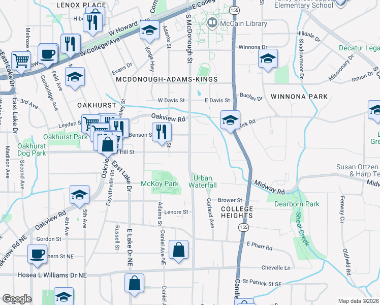 map of restaurants, bars, coffee shops, grocery stores, and more near S McDonough St & E Hill St in Decatur