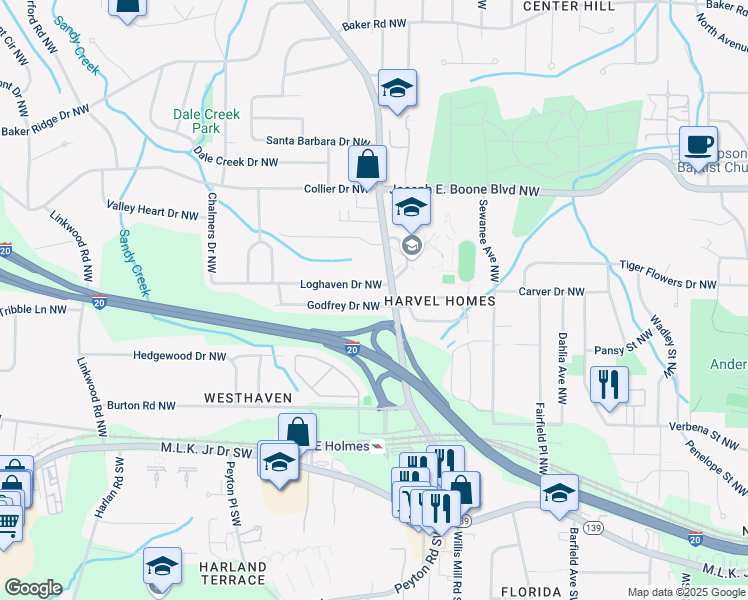 map of restaurants, bars, coffee shops, grocery stores, and more near 2519 Godfrey Drive Northwest in Atlanta