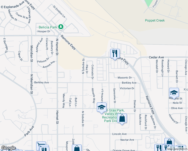 map of restaurants, bars, coffee shops, grocery stores, and more near 750 Colorado Drive in Hemet