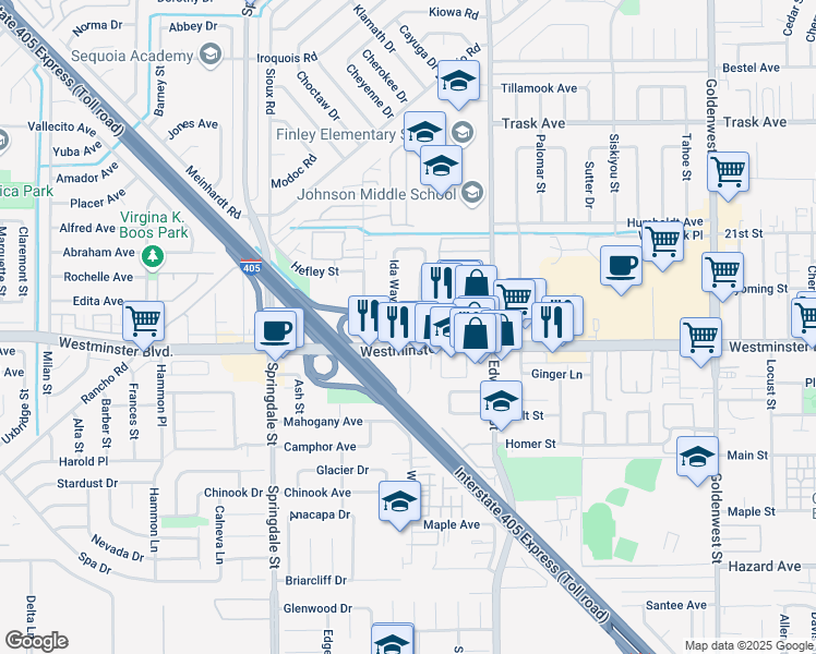 map of restaurants, bars, coffee shops, grocery stores, and more near in Westminster