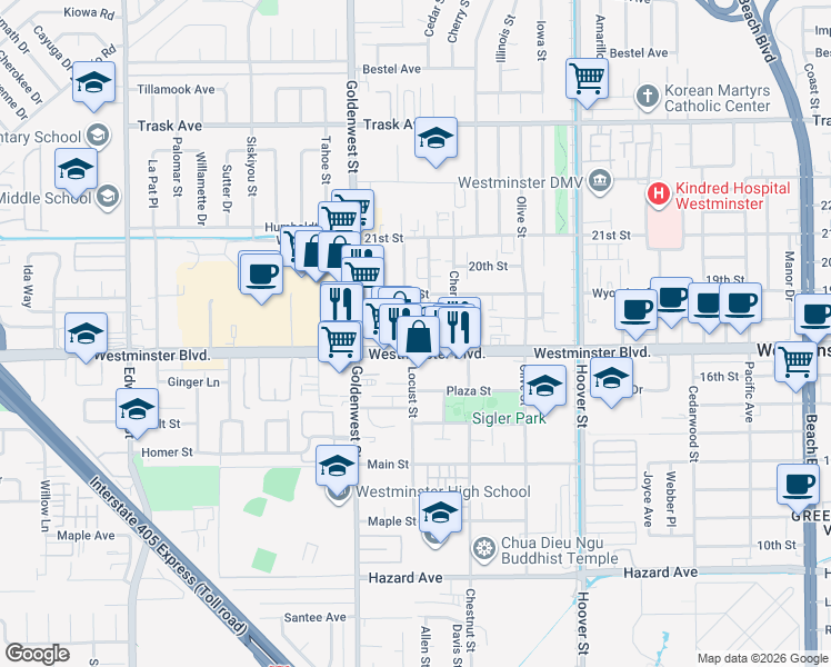map of restaurants, bars, coffee shops, grocery stores, and more near 13942 Locust Street in Westminster