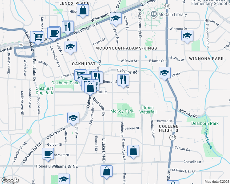 map of restaurants, bars, coffee shops, grocery stores, and more near West Hill Street in Decatur