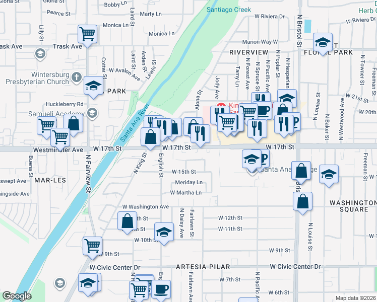 map of restaurants, bars, coffee shops, grocery stores, and more near 1828 West 16th Street in Santa Ana