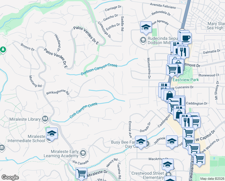 map of restaurants, bars, coffee shops, grocery stores, and more near 102 Rockinghorse Road in Rancho Palos Verdes