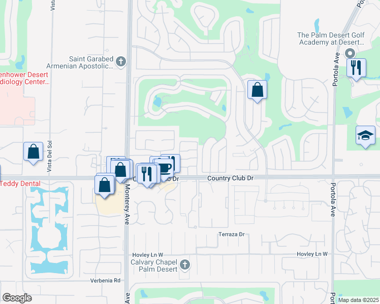 map of restaurants, bars, coffee shops, grocery stores, and more near 3253 Via Giorna in Palm Desert