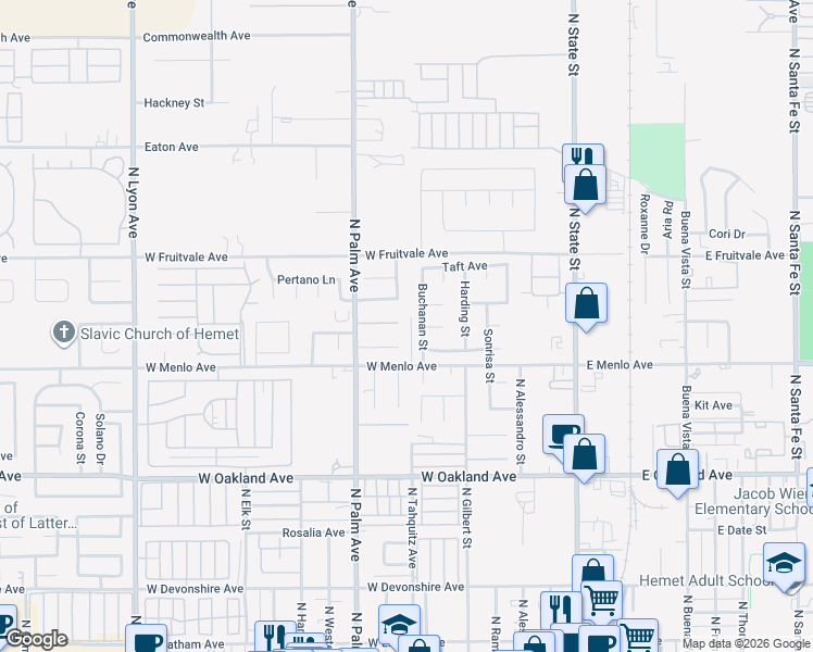 map of restaurants, bars, coffee shops, grocery stores, and more near 719 Wahl Street in Hemet