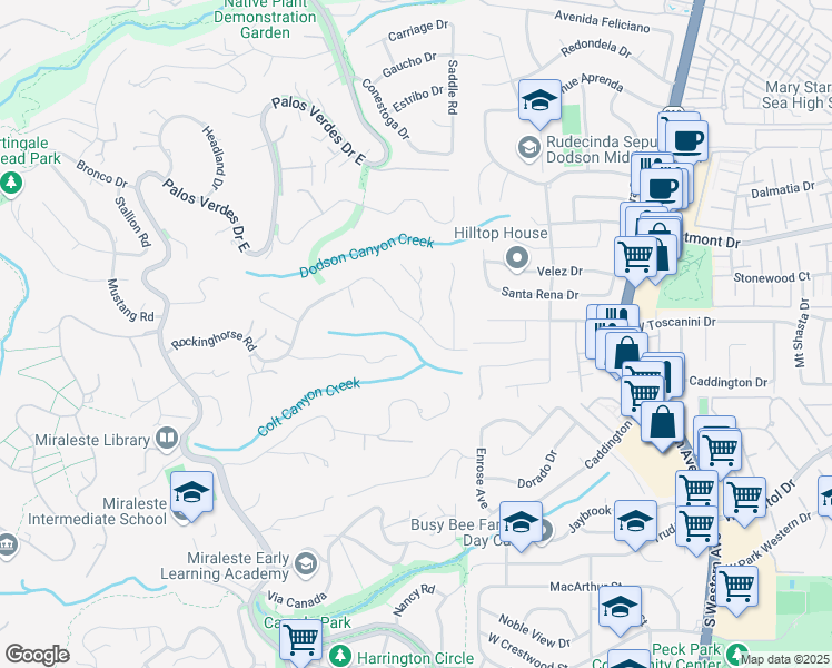 map of restaurants, bars, coffee shops, grocery stores, and more near 96 Rockinghorse Road in Rancho Palos Verdes