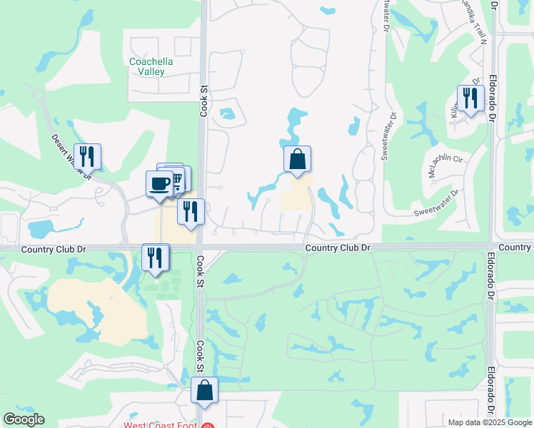 map of restaurants, bars, coffee shops, grocery stores, and more near 101 Trento Circle in Palm Desert