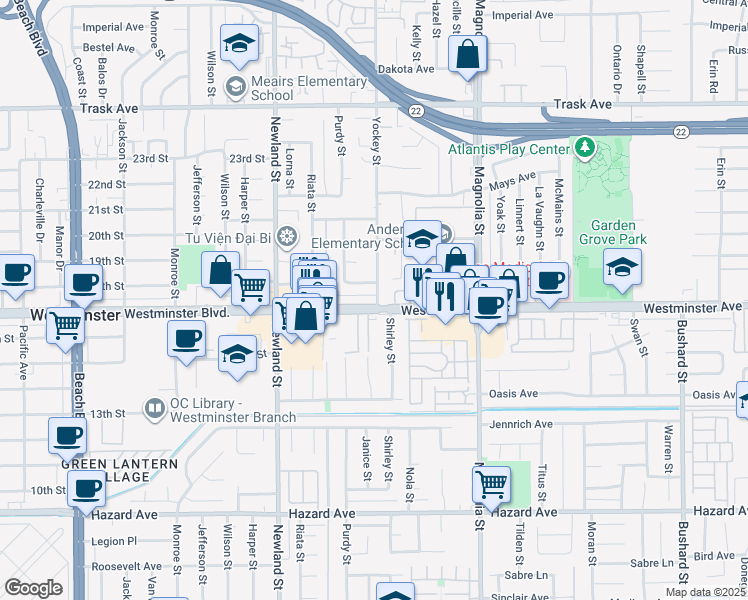 map of restaurants, bars, coffee shops, grocery stores, and more near 8742 Westminster Boulevard in Westminster