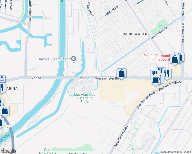 map of restaurants, bars, coffee shops, grocery stores, and more near 7164 Seawind Drive in Long Beach