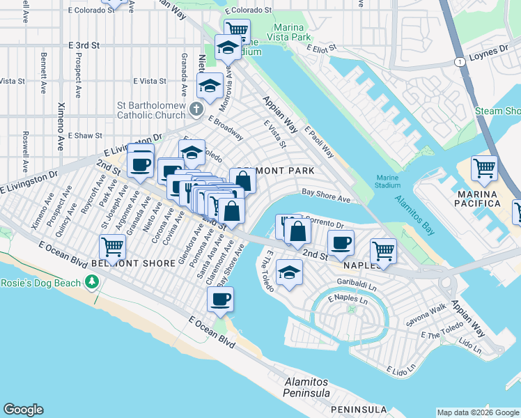 map of restaurants, bars, coffee shops, grocery stores, and more near in Long Beach