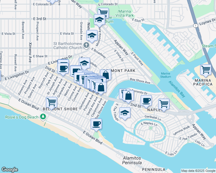 map of restaurants, bars, coffee shops, grocery stores, and more near 221 Bay Shore Avenue in Long Beach
