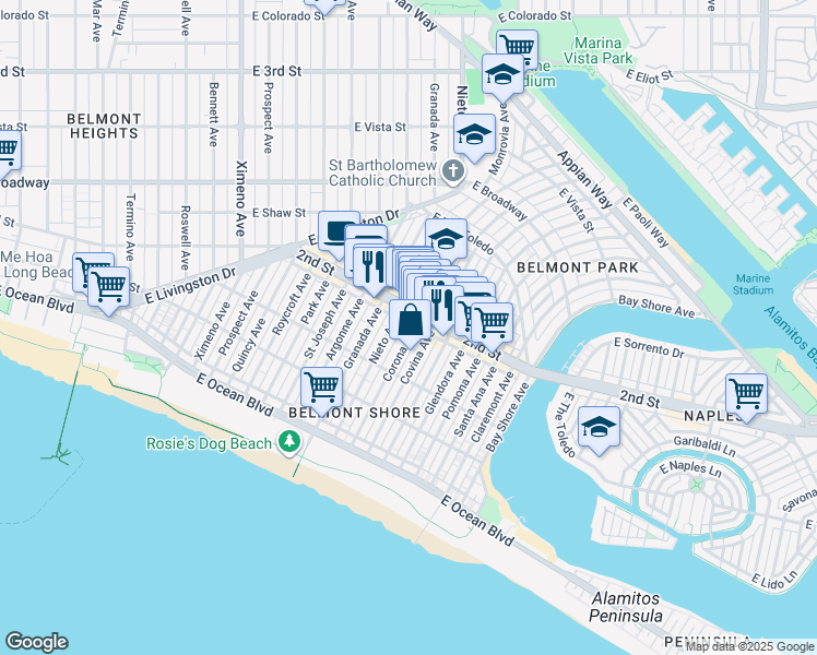 map of restaurants, bars, coffee shops, grocery stores, and more near 157 Corona Avenue in Long Beach