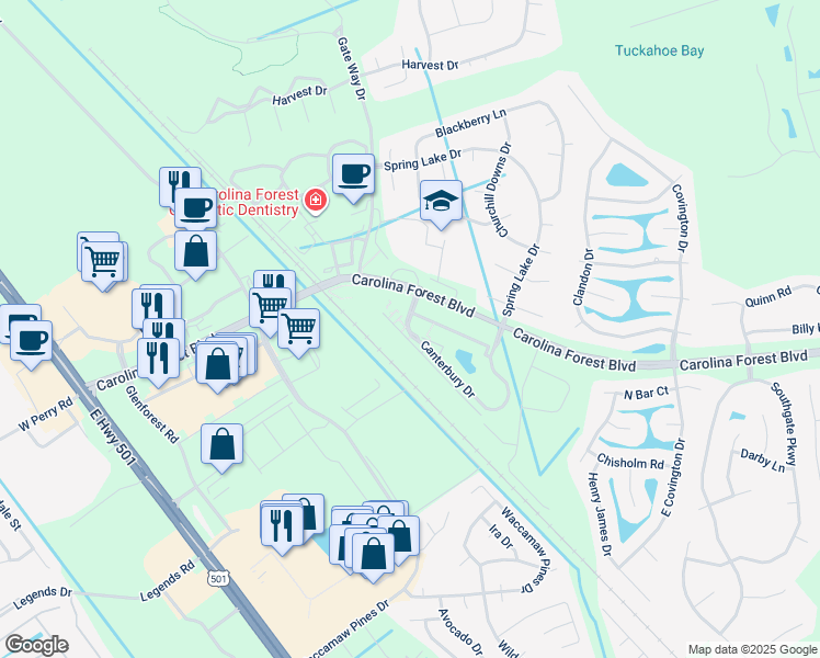 map of restaurants, bars, coffee shops, grocery stores, and more near 601 Kent Lane in Myrtle Beach
