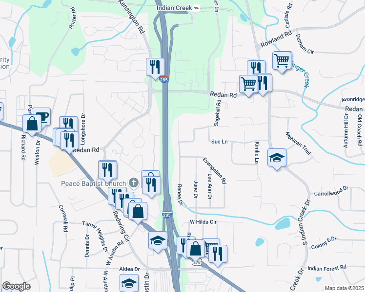map of restaurants, bars, coffee shops, grocery stores, and more near 1144 Evangeline Road in Decatur