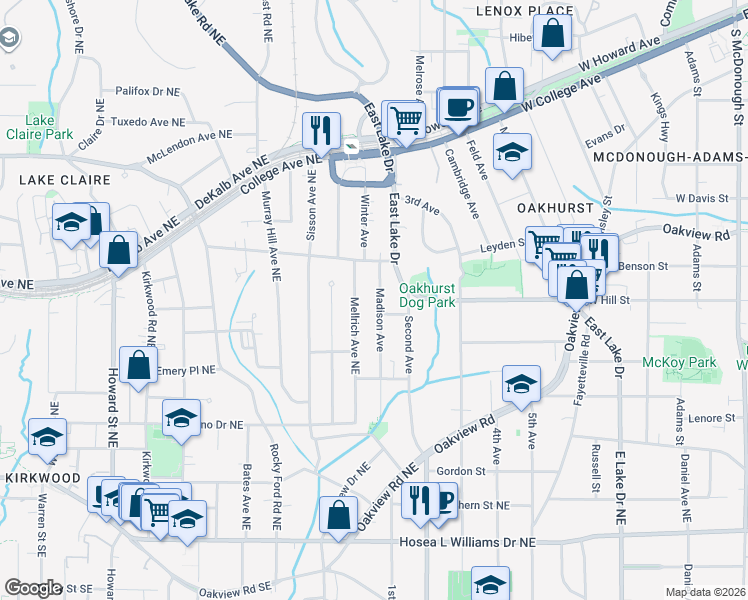 map of restaurants, bars, coffee shops, grocery stores, and more near 143 Madison Avenue in Decatur