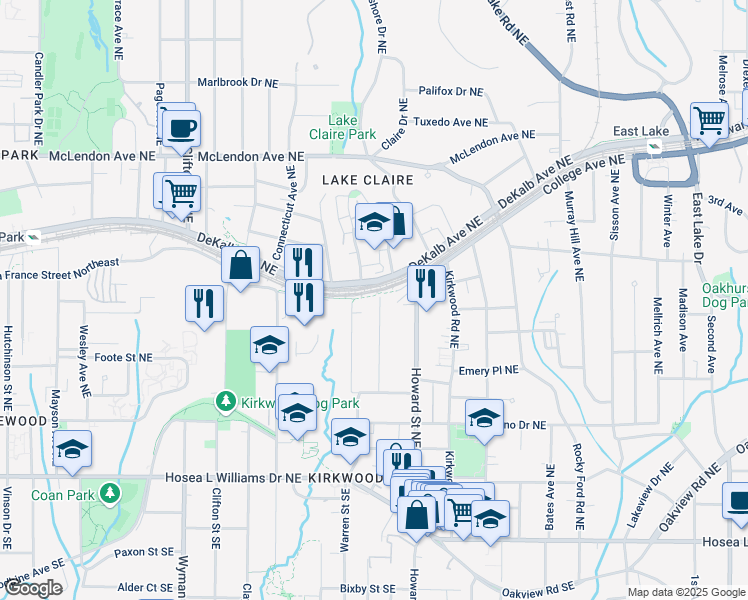 map of restaurants, bars, coffee shops, grocery stores, and more near 225 Warren Street Northeast in Atlanta