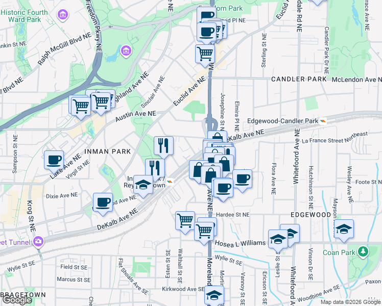 map of restaurants, bars, coffee shops, grocery stores, and more near 1124 DeKalb Avenue Northeast in Atlanta
