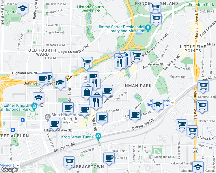 map of restaurants, bars, coffee shops, grocery stores, and more near 806 Lake Avenue Northeast in Atlanta