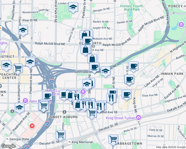 map of restaurants, bars, coffee shops, grocery stores, and more near 480 John Wesley Dobbs Avenue Northeast in Atlanta