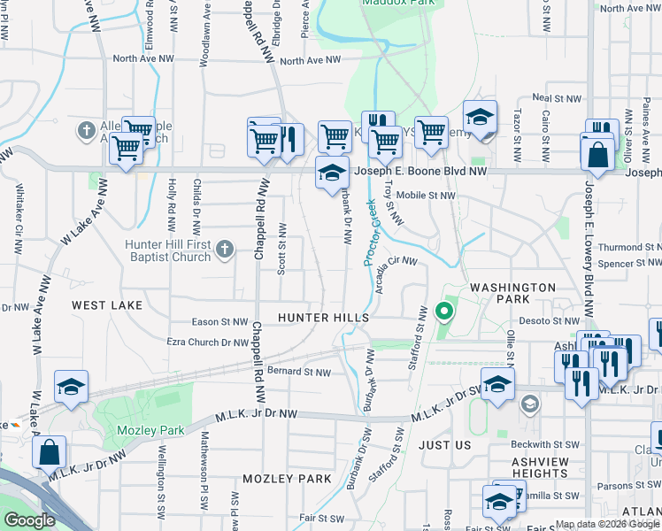 map of restaurants, bars, coffee shops, grocery stores, and more near 1292 McClure Avenue Northwest in Atlanta
