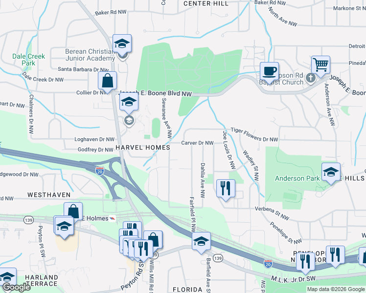 map of restaurants, bars, coffee shops, grocery stores, and more near 172 Fairfield Place Northwest in Atlanta