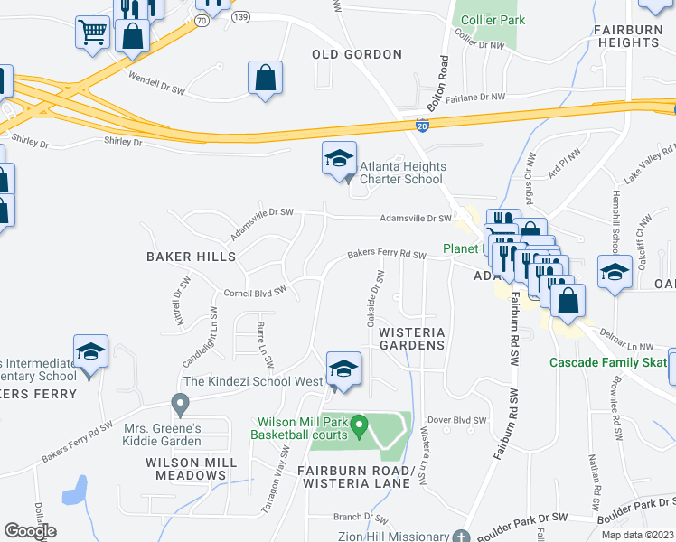 map of restaurants, bars, coffee shops, grocery stores, and more near 3822 Bakers Ferry Road Southwest in Atlanta