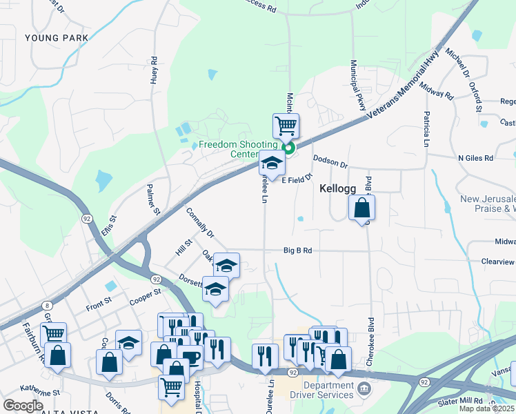 map of restaurants, bars, coffee shops, grocery stores, and more near 8053 Durelee Lane in Douglasville