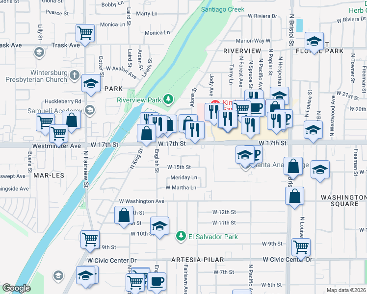 map of restaurants, bars, coffee shops, grocery stores, and more near 1852 West 17th Street in Santa Ana