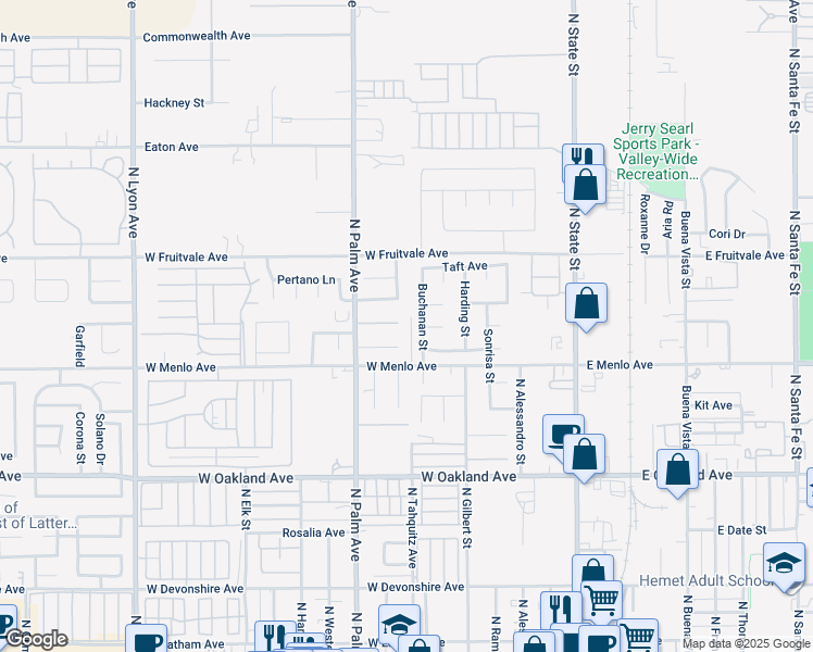 map of restaurants, bars, coffee shops, grocery stores, and more near 777 Skov Street in Hemet