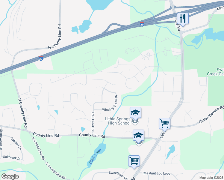 map of restaurants, bars, coffee shops, grocery stores, and more near 2532 Winding Creek Drive in Lithia Springs