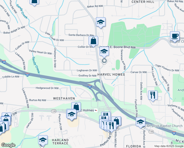 map of restaurants, bars, coffee shops, grocery stores, and more near 2542 Godfrey Drive Northwest in Atlanta