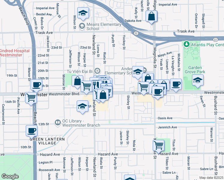 map of restaurants, bars, coffee shops, grocery stores, and more near 8631 Westminster Avenue in Garden Grove