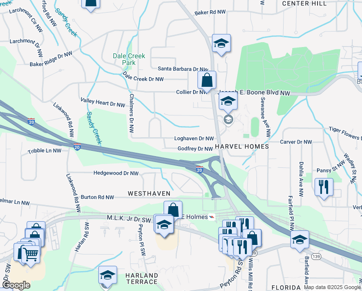 map of restaurants, bars, coffee shops, grocery stores, and more near 2599 Godfrey Drive Northwest in Atlanta