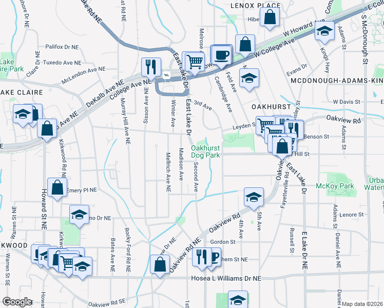 map of restaurants, bars, coffee shops, grocery stores, and more near 107 Second Avenue in Decatur