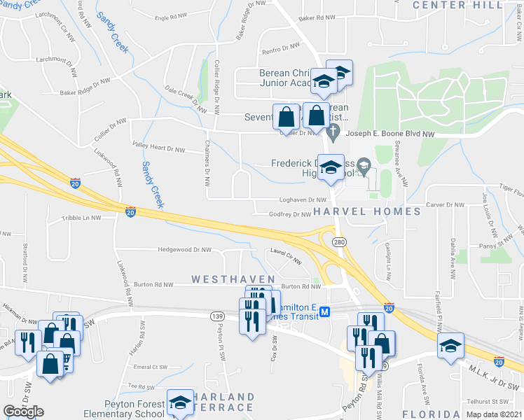 map of restaurants, bars, coffee shops, grocery stores, and more near 2631 Godfrey Drive Northwest in Atlanta