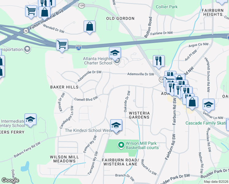map of restaurants, bars, coffee shops, grocery stores, and more near 3798 Bakers Ferry Road Southwest in Atlanta