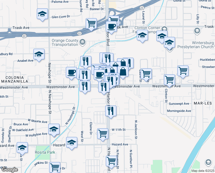 map of restaurants, bars, coffee shops, grocery stores, and more near North Harbor Boulevard & Westminster Avenue in Santa Ana