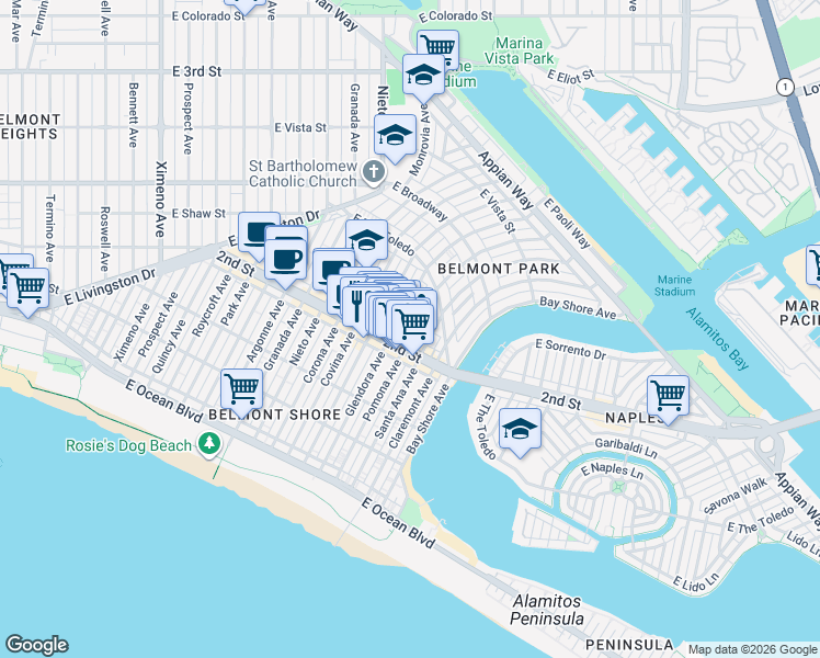 map of restaurants, bars, coffee shops, grocery stores, and more near 209 Pomona Avenue in Long Beach
