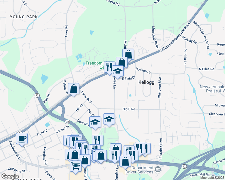 map of restaurants, bars, coffee shops, grocery stores, and more near 8053 Durelee Lane in Douglasville