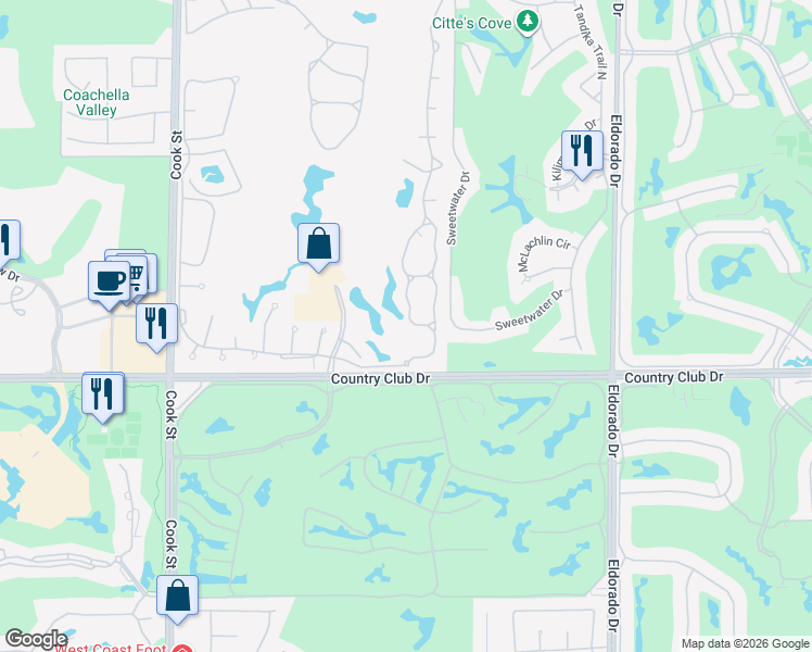 map of restaurants, bars, coffee shops, grocery stores, and more near 141 Desert Falls Circle in Palm Desert